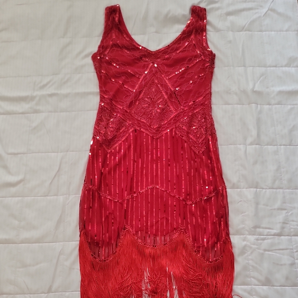 Red Sequin Fringe Sleeveless Dress